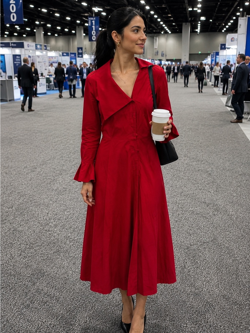 eshakti Scarlet Red Long-Sleeve Midi Dress
